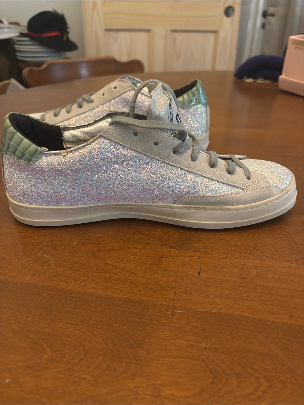 P448 John Iridescent White Glitter Low Top Sneakers Green Croc Size 40 - Picture 5 of 11